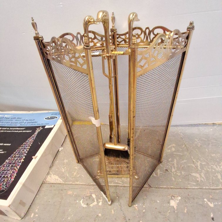 Brass Fireplace Screen With Duck Head Tools