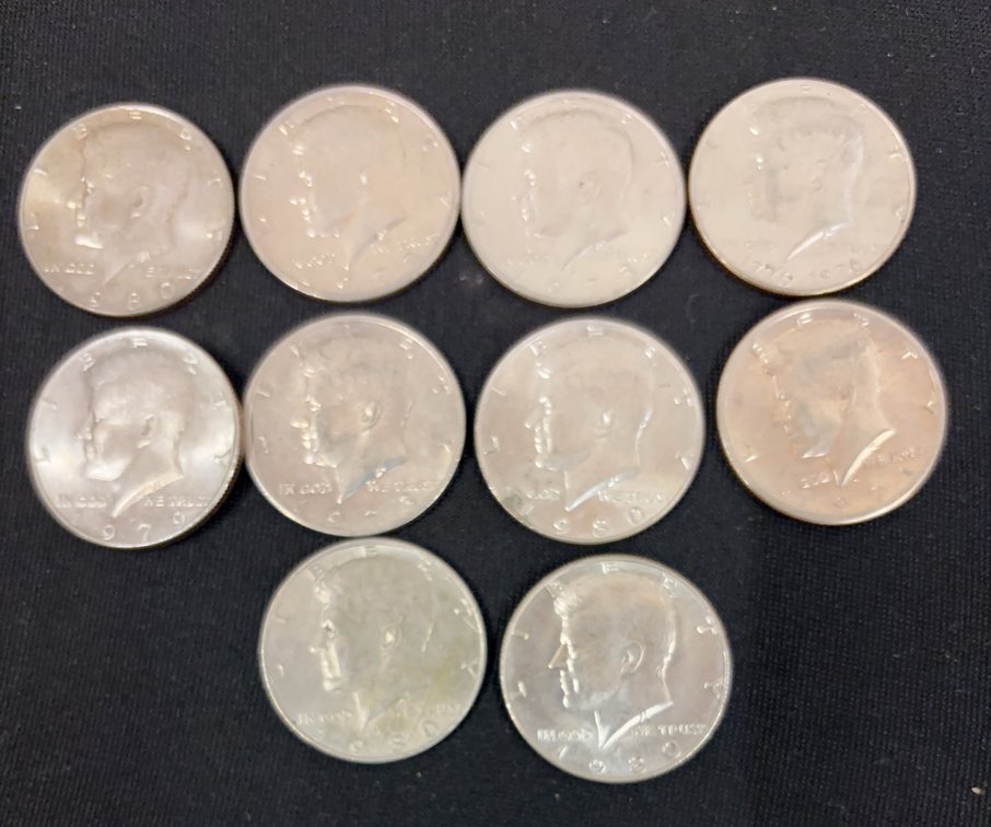 10 Kennedy Half Dollar Coins Assorted Years