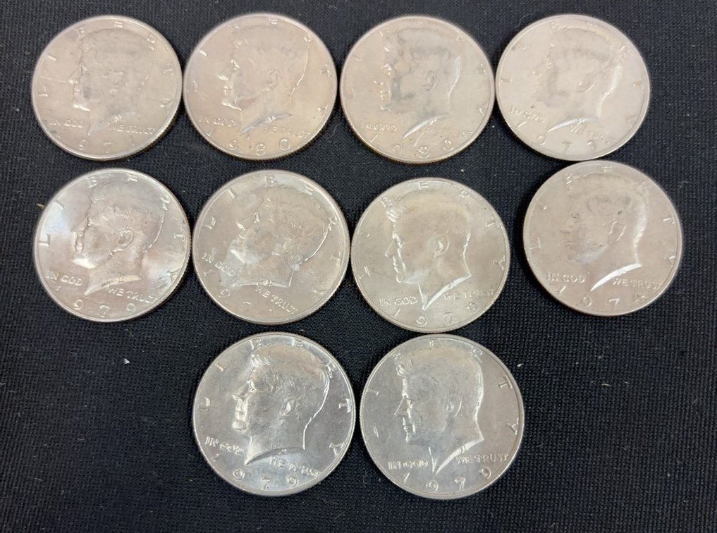 10 Kennedy Half Dollars Assorted Dates