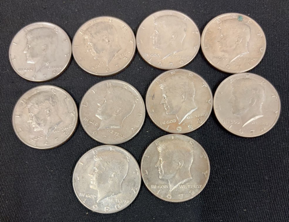 10 Kennedy Half Dollars Assorted Years