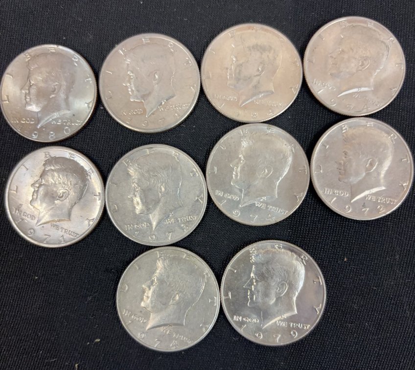 10 Kennedy Half Dollars Assorted Years
