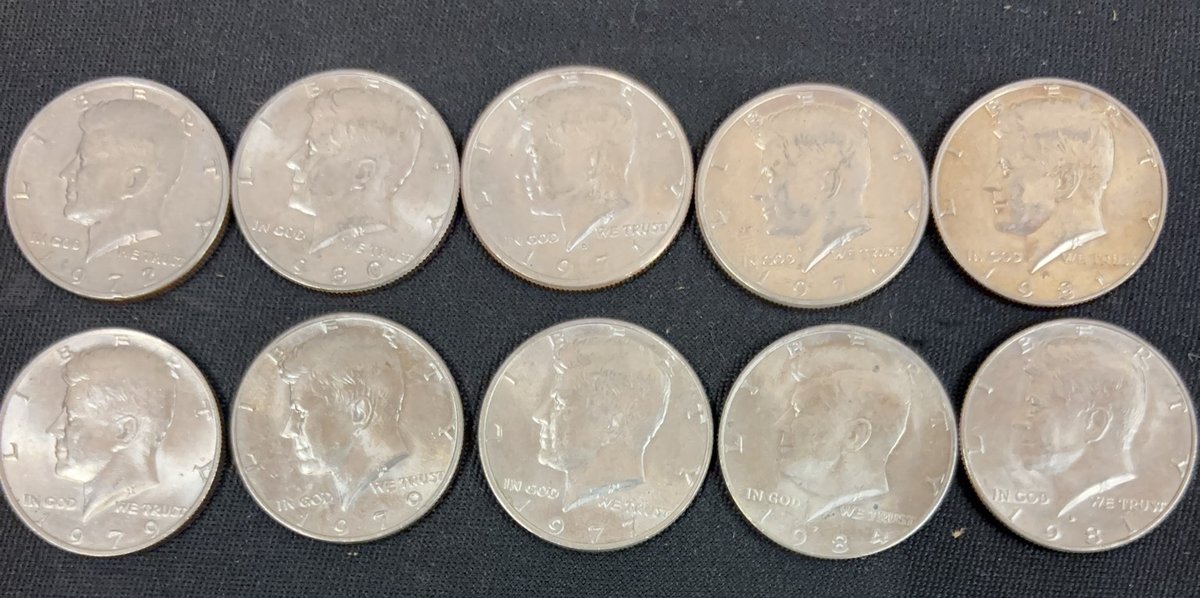 10 Kennedy Half Dollars Assorted Years