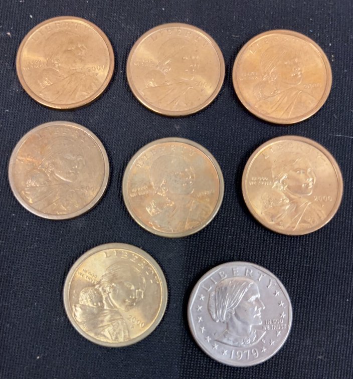 8 US Dollar Coins, 7 Sacagawea, 1 Susan B. Anthony