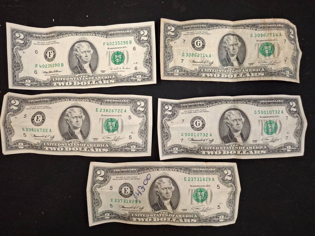 5 United States $2 Bills Assorted Series