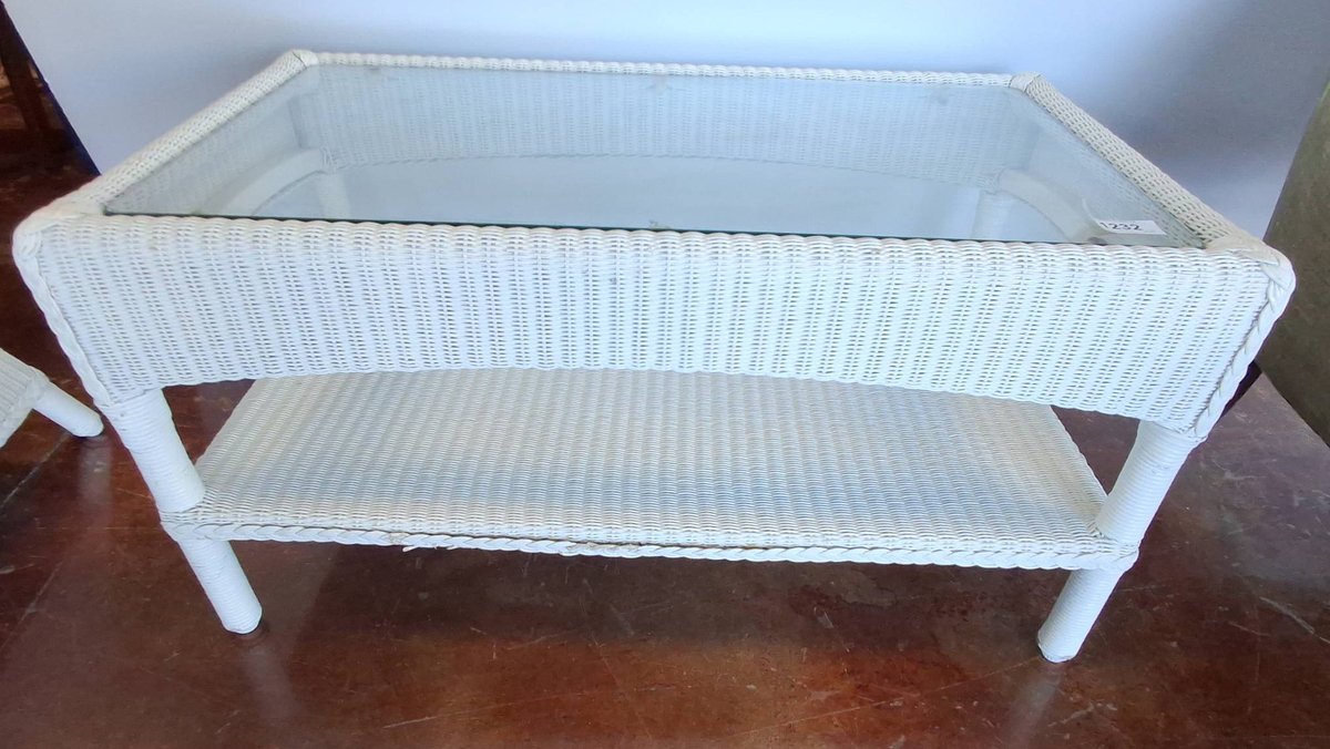 White Wicker Glass Top Table With Shelf 36x20x18