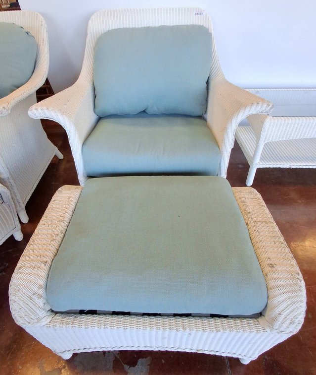 White Wicker Armchair With Ottoman And Cushions