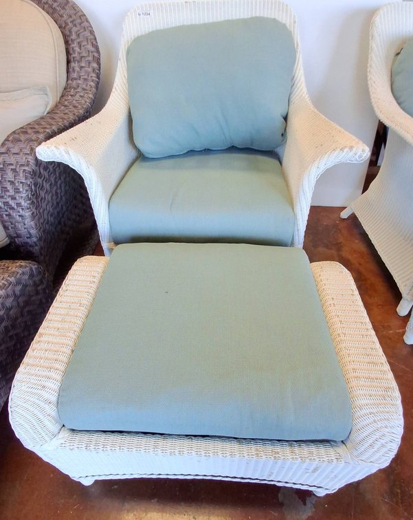 White Wicker Chair With Ottoman, Blue Cushions