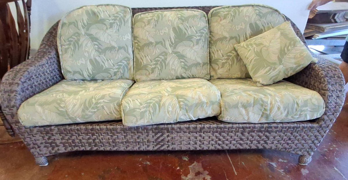 Wicker Sofa With Floral Cushions, 78 Inches Wide