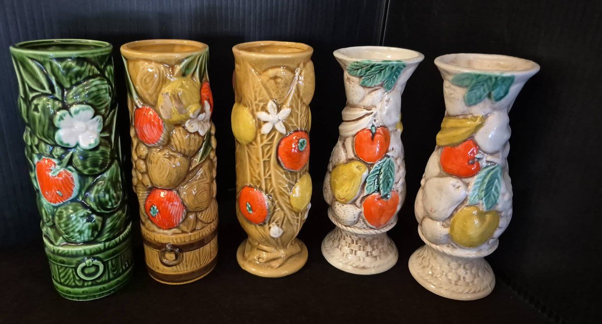 5 Inarco Majolica Fruit Vases 7-Inch