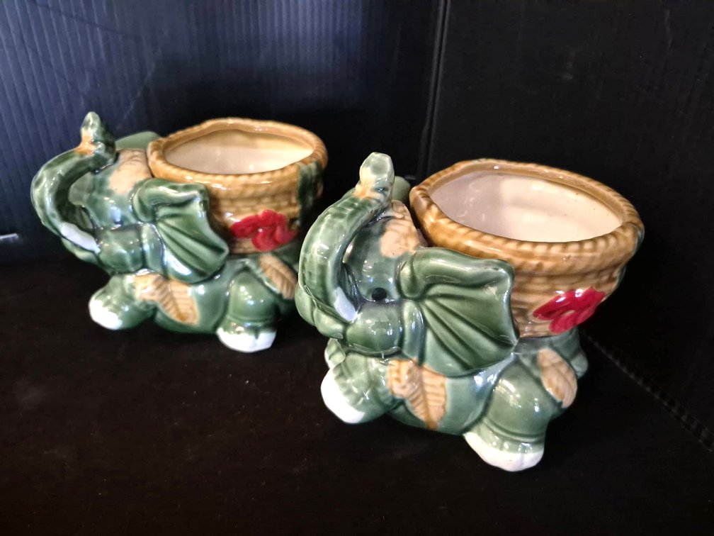 2 Majolica Style Elephant Planters