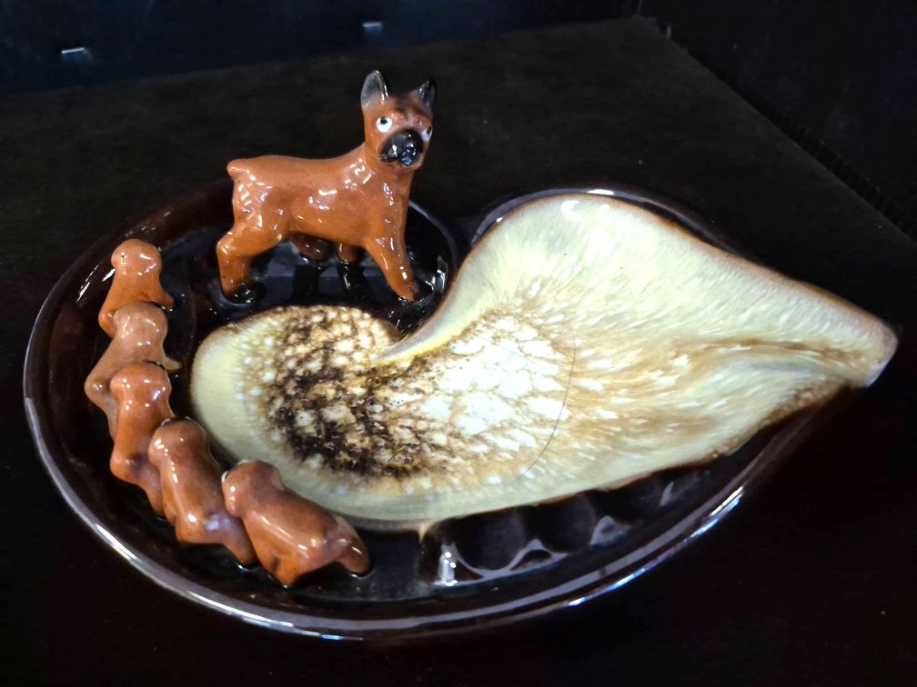 Mid-Century Ceramic Boxer & Puppies Dish