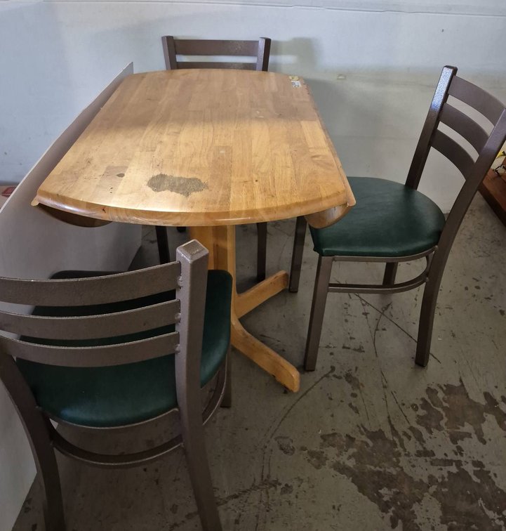 Wood Pedestal Table with 3 Green Upholstered Chairs