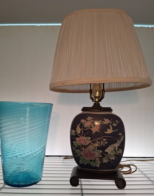 Blue Glass Vase and Floral Table Lamp