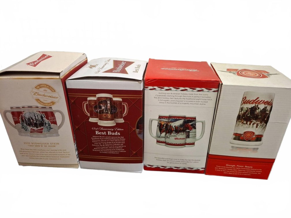4 Budweiser Holiday Beer Steins in Boxes