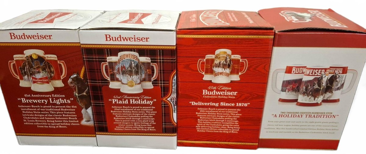 Budweiser Holiday Stein Mugs Set of 4 in Boxes