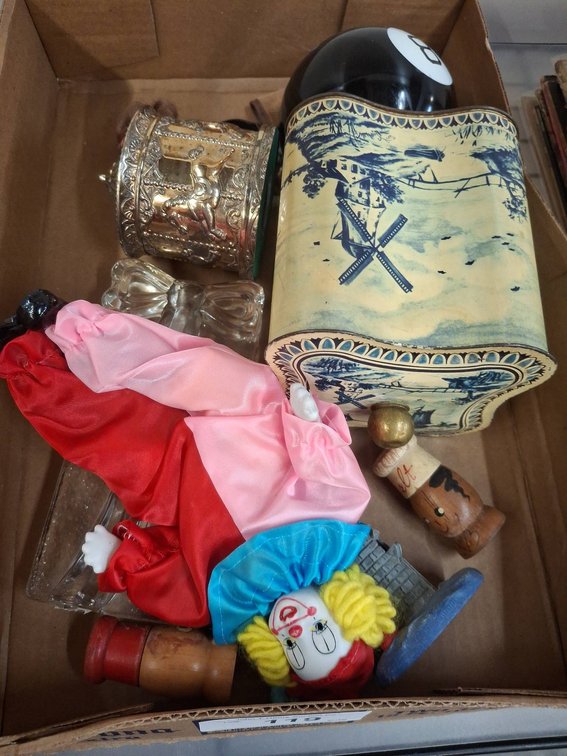 Box Lot Tin, Clown Doll, 8-Ball, More