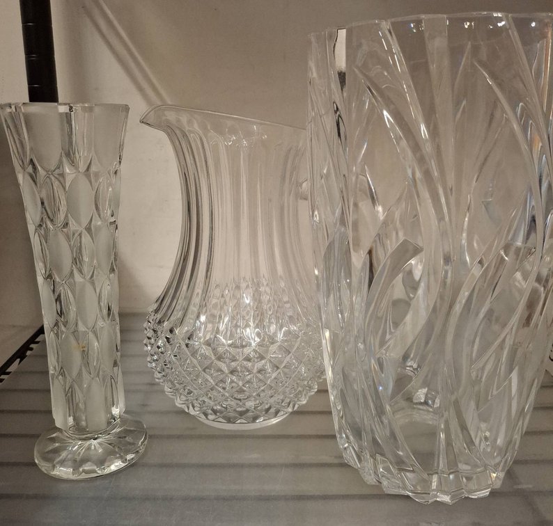 Three Assorted Cut Glass Vases and Pitcher