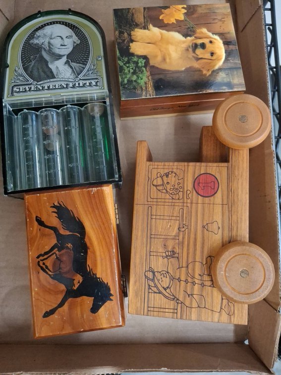 Coin Tray, Cedar Boxes, Wood Firetruck Bank Lot