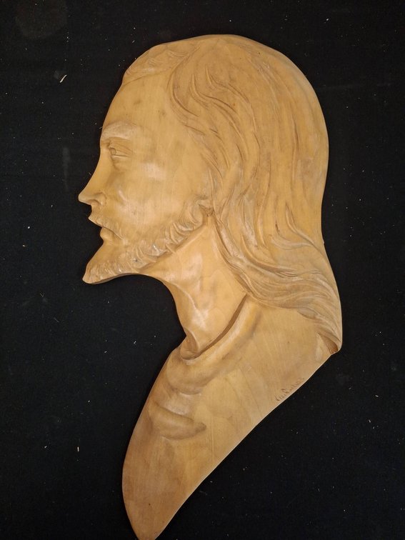 Carved Wood Male Bust Plaque, 8"×15"