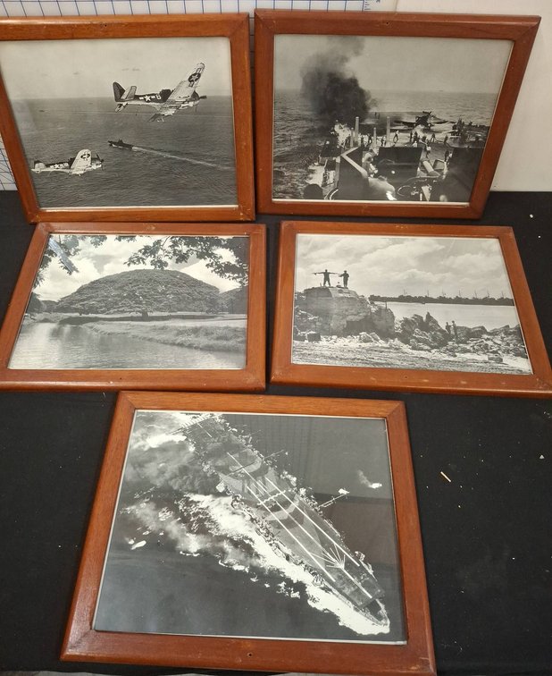 5 WWII Print Photos in Wood Frames 16"×13"