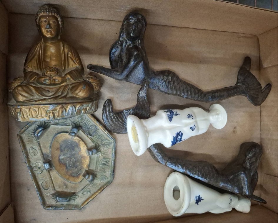 Box Lot Metal Figurines & Porcelain Vases