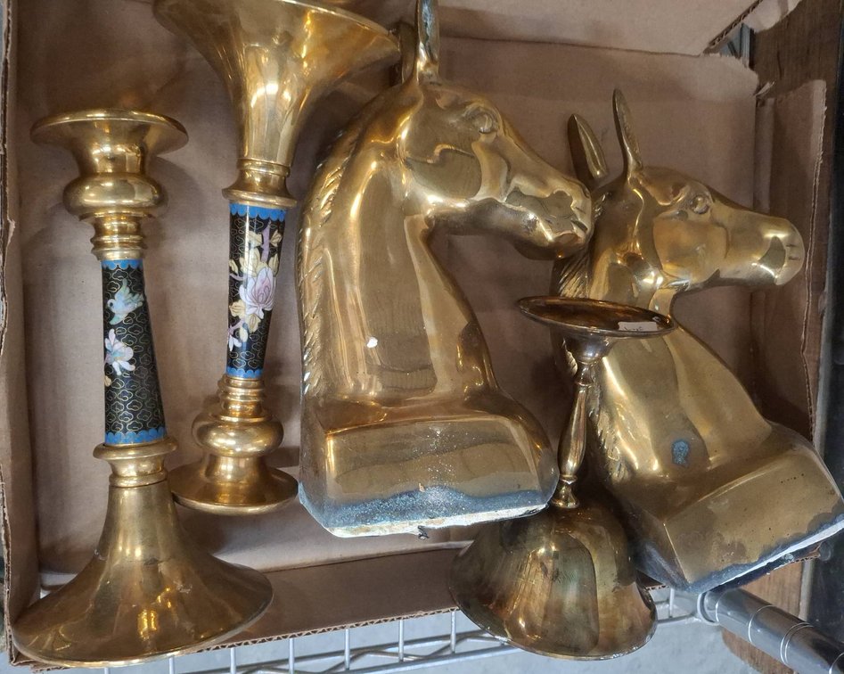 Brass Horse Bookends & Enamel Inlay Candle Holders