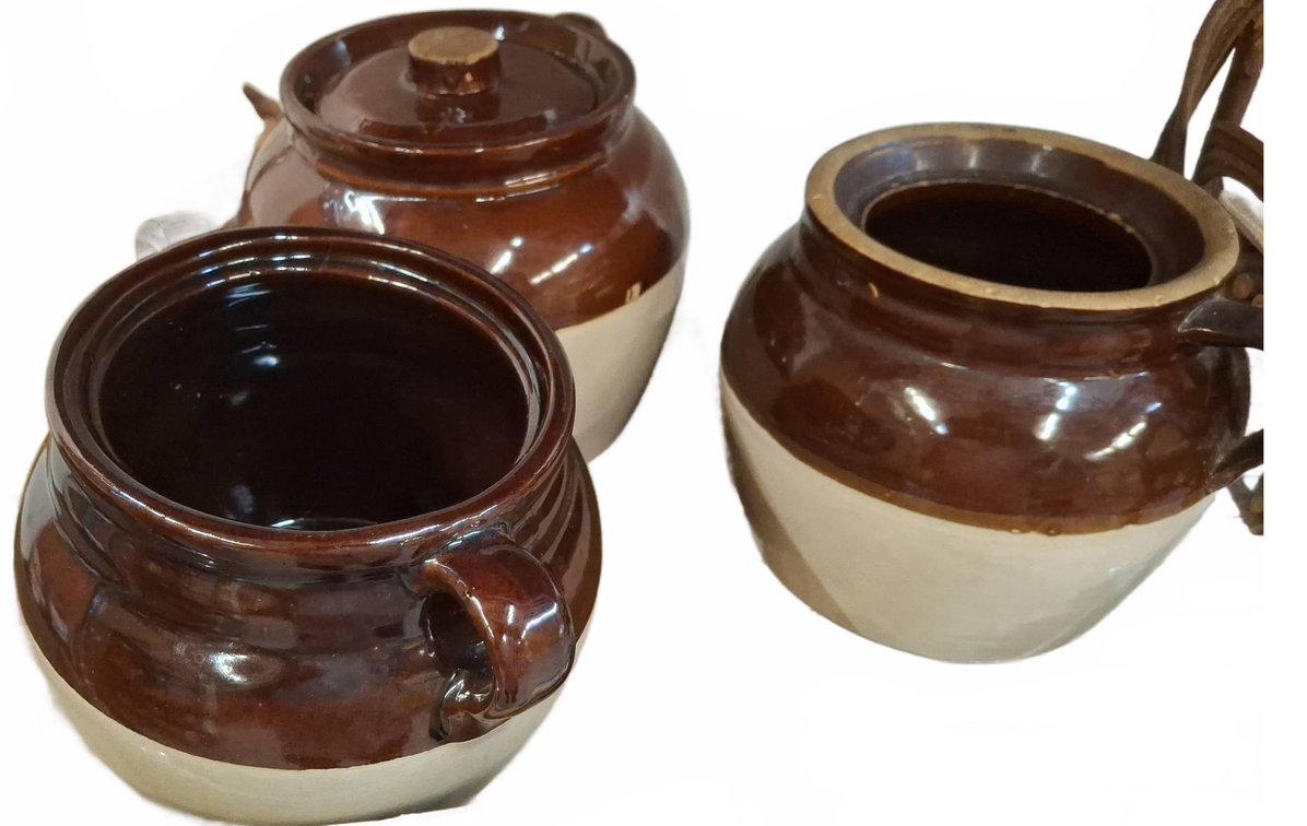 Brown Glazed Stoneware Crocks and Framed picture
