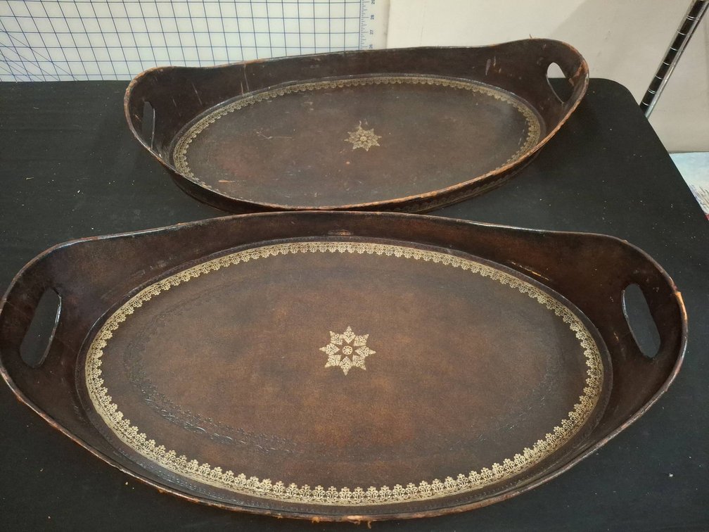 2 Large Oval Leather Trays with Handles