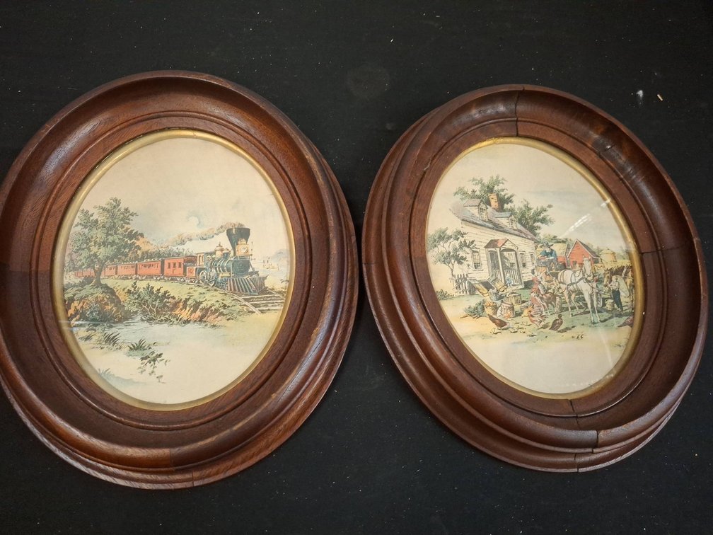 Pair Oval Framed Prints Train and Homestead