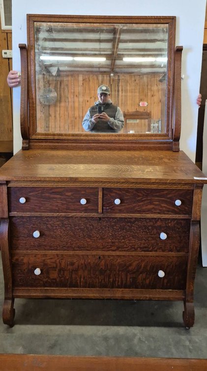Wooden Dresser with Mirror and White Knobs