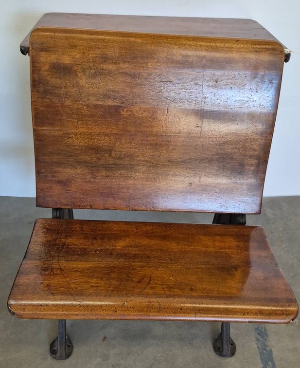 Wood and Cast Iron Student Desk with Bench