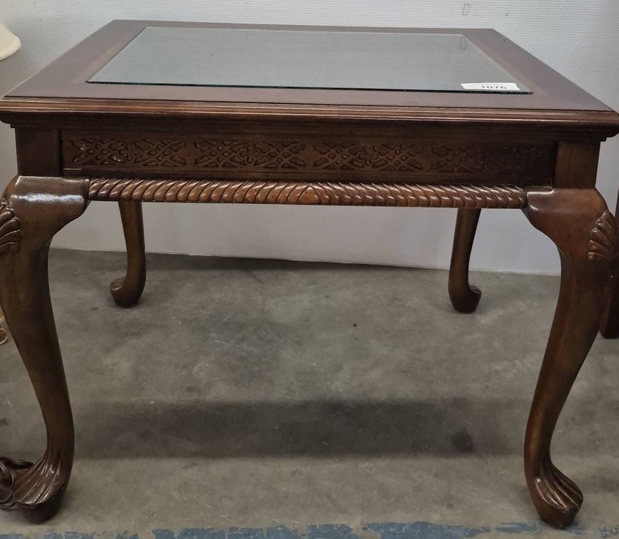 Glass Top Wood Table with Carved Legs 28x22x22