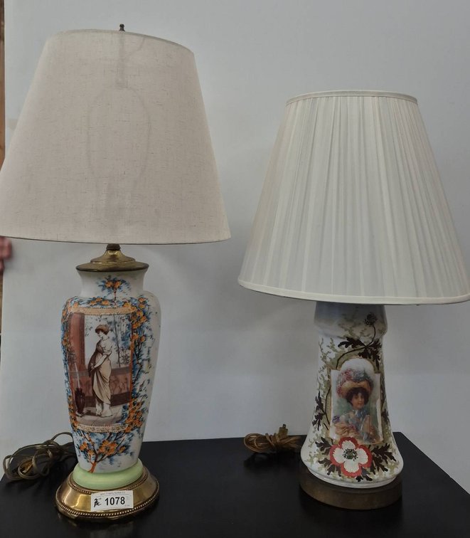 Pair Porcelain Table Lamps with Shades, 31" Tall