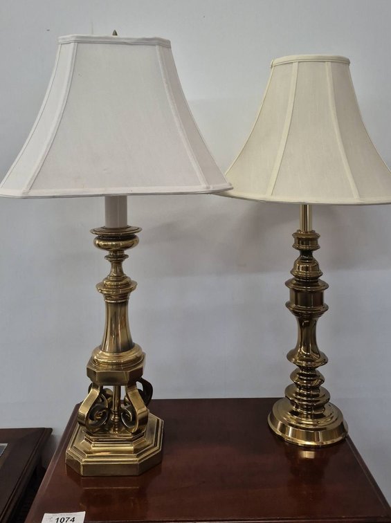 Pair Brass Table Lamps With Shades, 32" Tallest