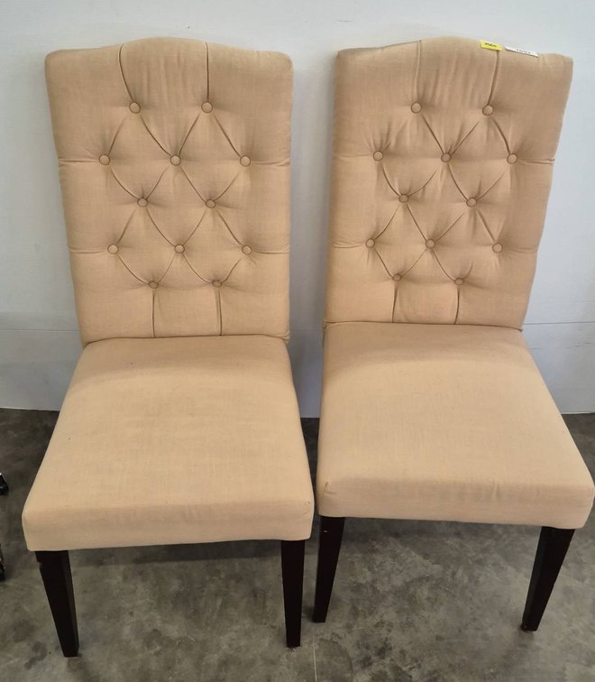 Pair Beige Upholstered Dining Chairs, Button Tufted