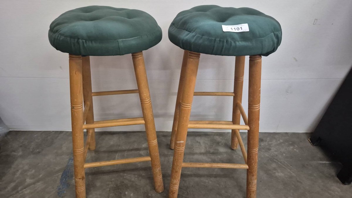 Pair Wood Bar Stools With Green Cushions
