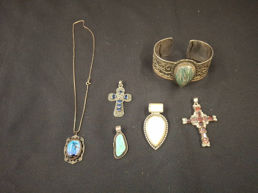 Sterling Jewelry Lot: Bracelet, Pendants, Necklace