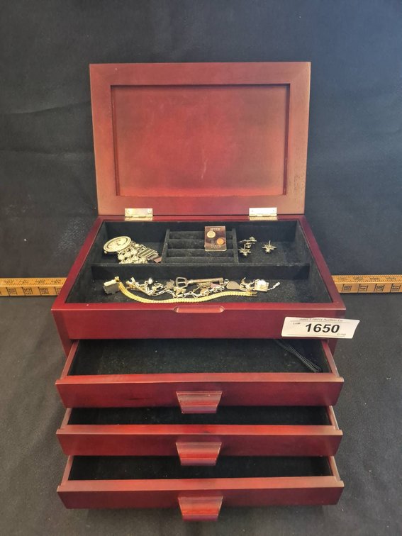 Wooden Jewelry Box with Assorted Jewelry