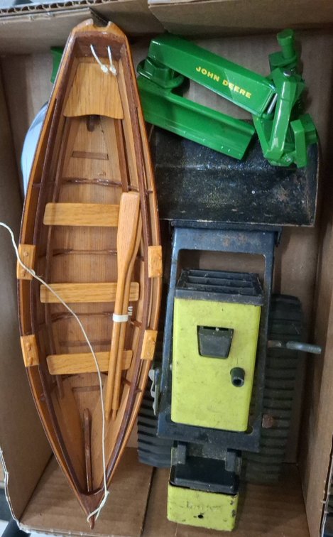 Toy Lot: Model Boat, Hess Car, John Deere