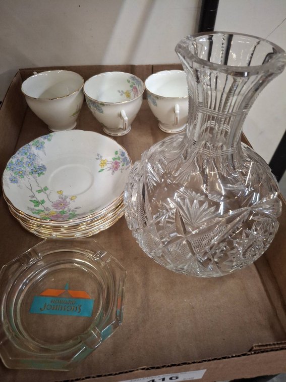Crystal Decanter, Cups, Floral Saucers, Ashtray