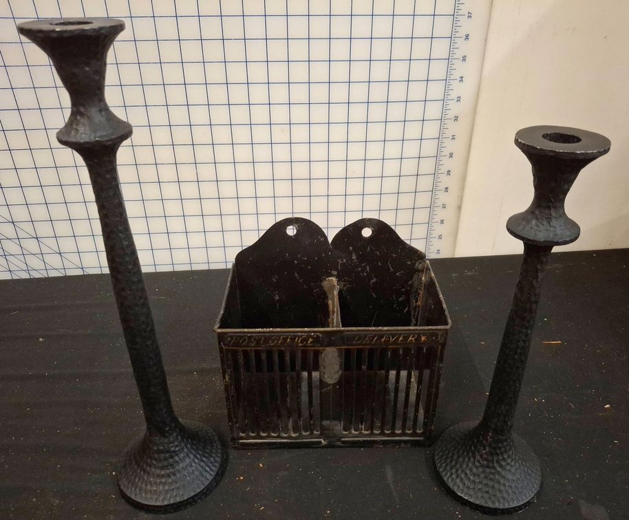 Metal Post Office Box & 2 Black Candle Holders