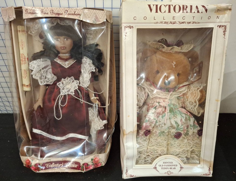 Porcelain Doll & Victorian Teddy Bear in Boxes