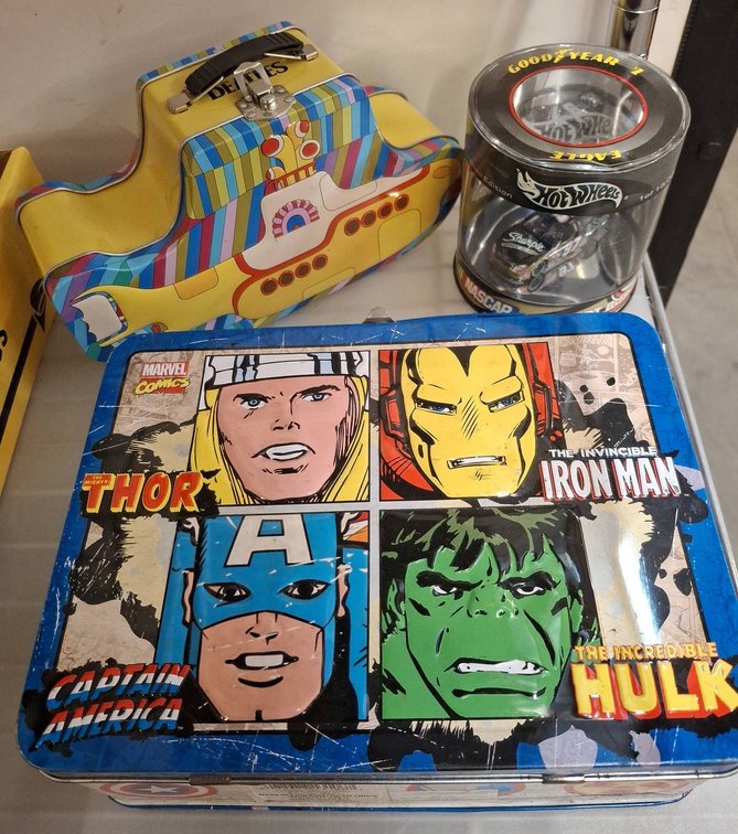 Marvel Lunchbox, Beatles Tin, Hot Wheels NASCAR