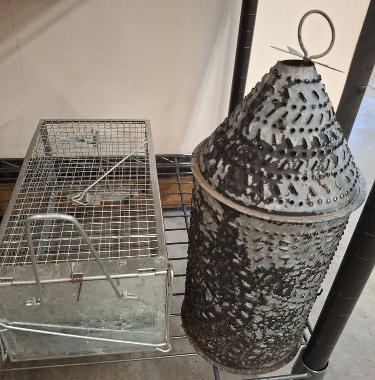 Metal Cage Trap and Tin Punch Lantern