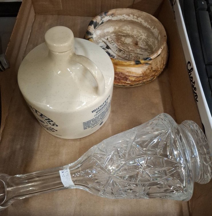 Michter's Jug, Glass Vase, Comanche Pottery Bowl