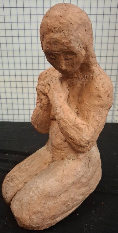 Kneeling Clay Female Figure Sculpture 10"×15"