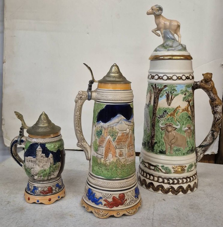 3 Decorative Lidded Ceramic Beer Steins