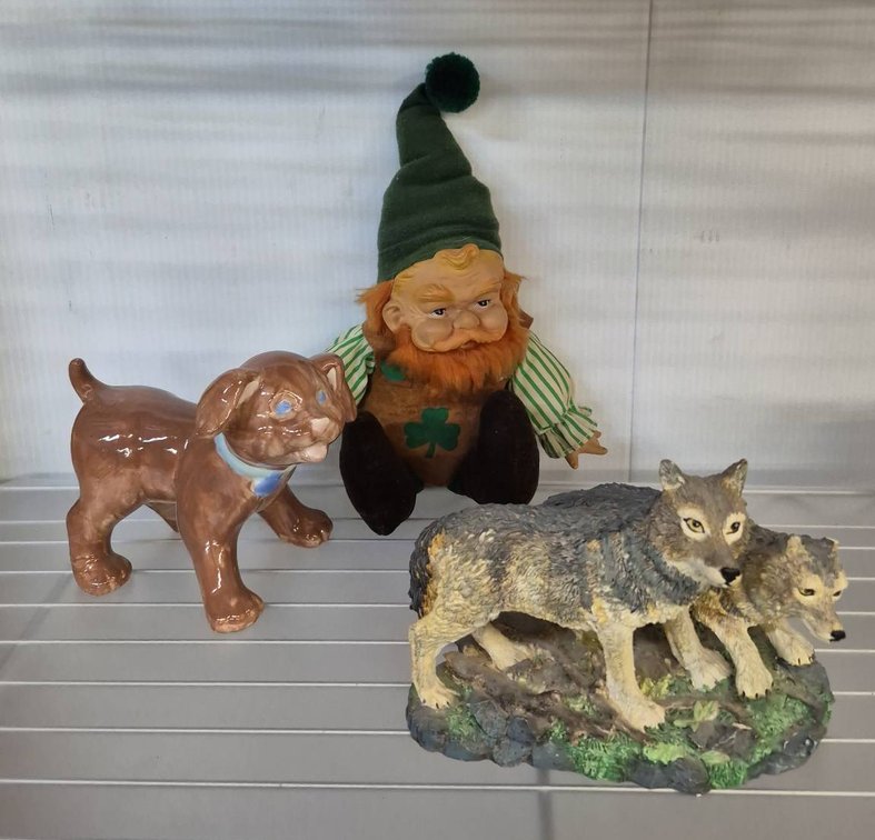 Wolf Figurine, Dog Figurine, Leprechaun Doll Lot