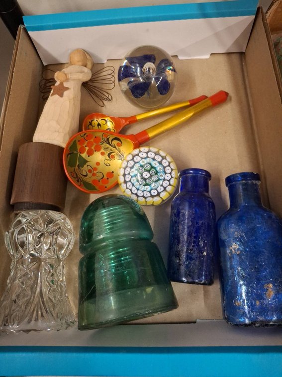 Box Lot Mixed Glass Bottles, Spoons, Angel