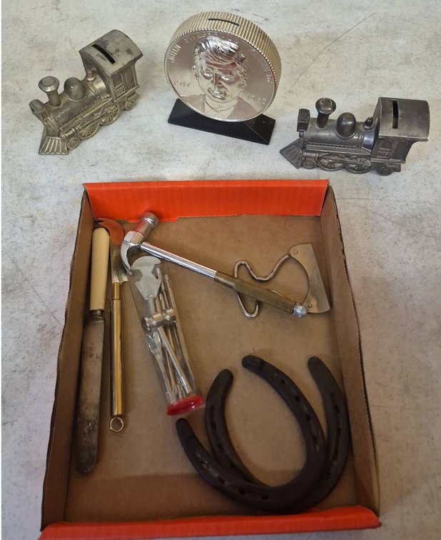 Coin Bank Trains, JFK Coin, Tools & Horseshoes